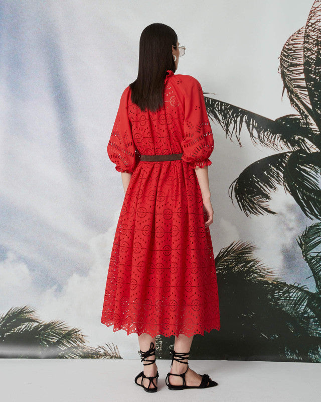 Sfizio Red Puff SLeeve Fit and Flare Eyelet Dress Timeless Martha's Vineyard 