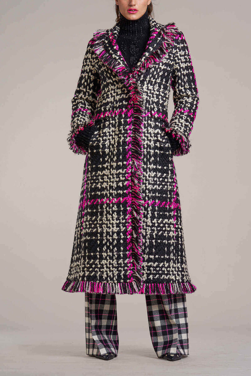 Long Tweed Coat with Fringe - Black + Pink