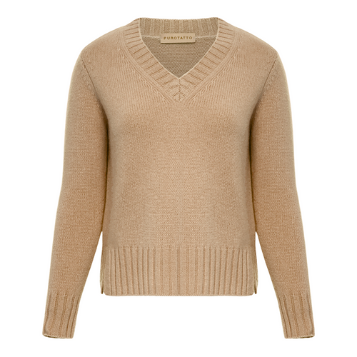 Purotatto Cashmere V-Neck Sweater in Soft Camel Timeless Martha's Vineyard 