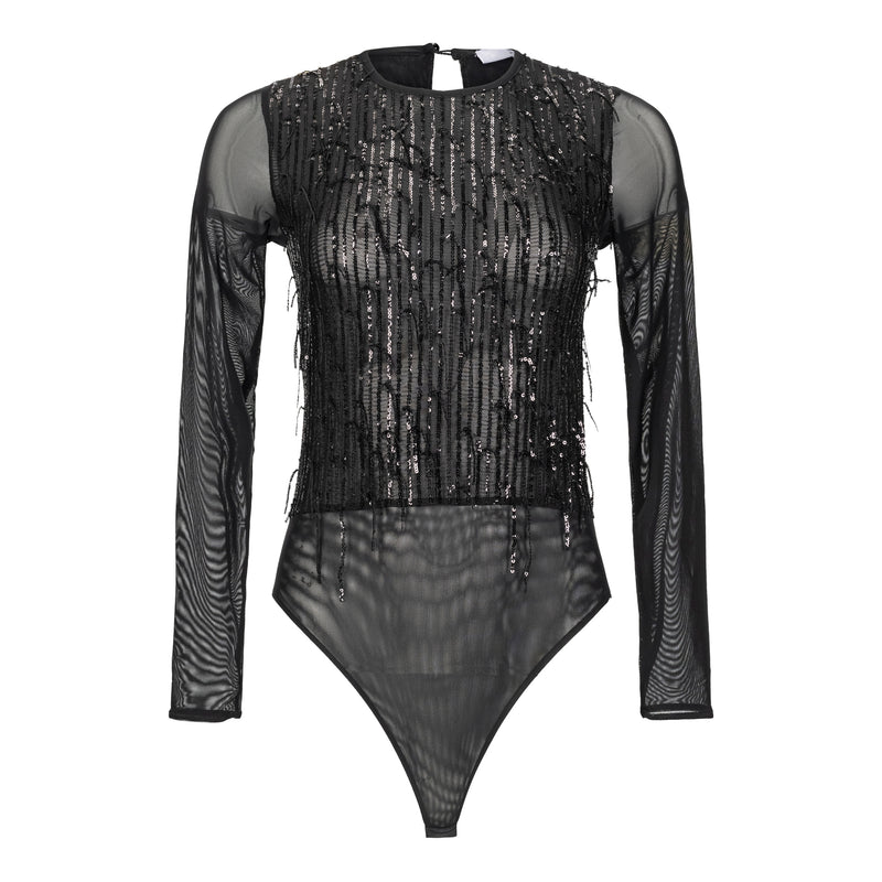 DESANTIS Mesh Sheer Black Sequins Fringe Bodysuit 