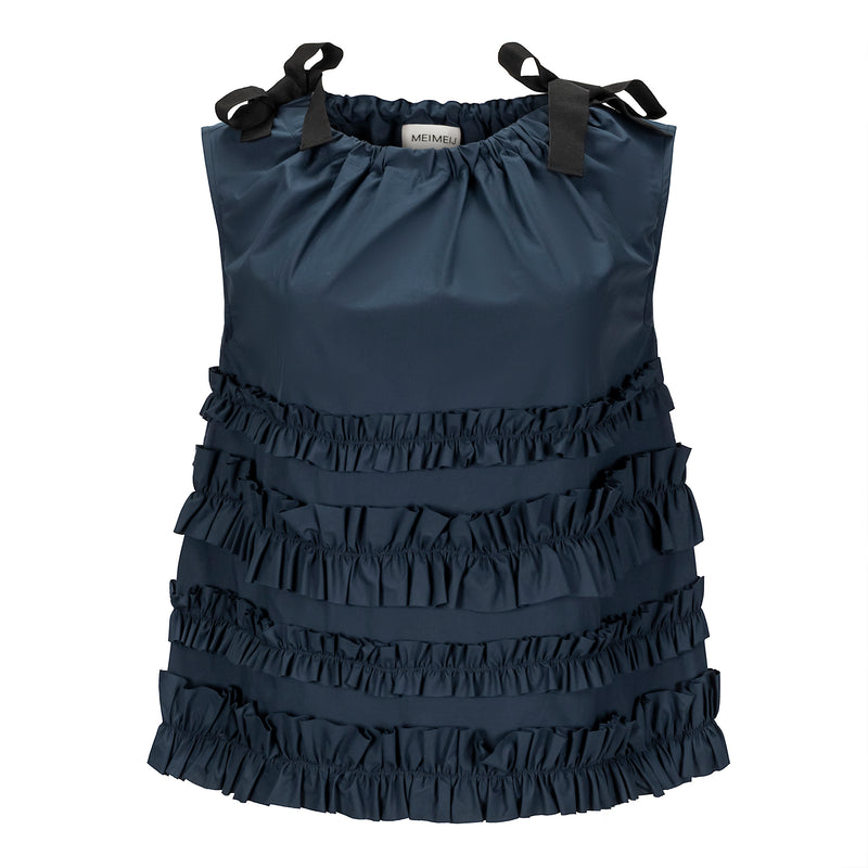 MeiMeij Navy Ruched Ruffle Tank with Bows Timeless Martha's Vineyard 