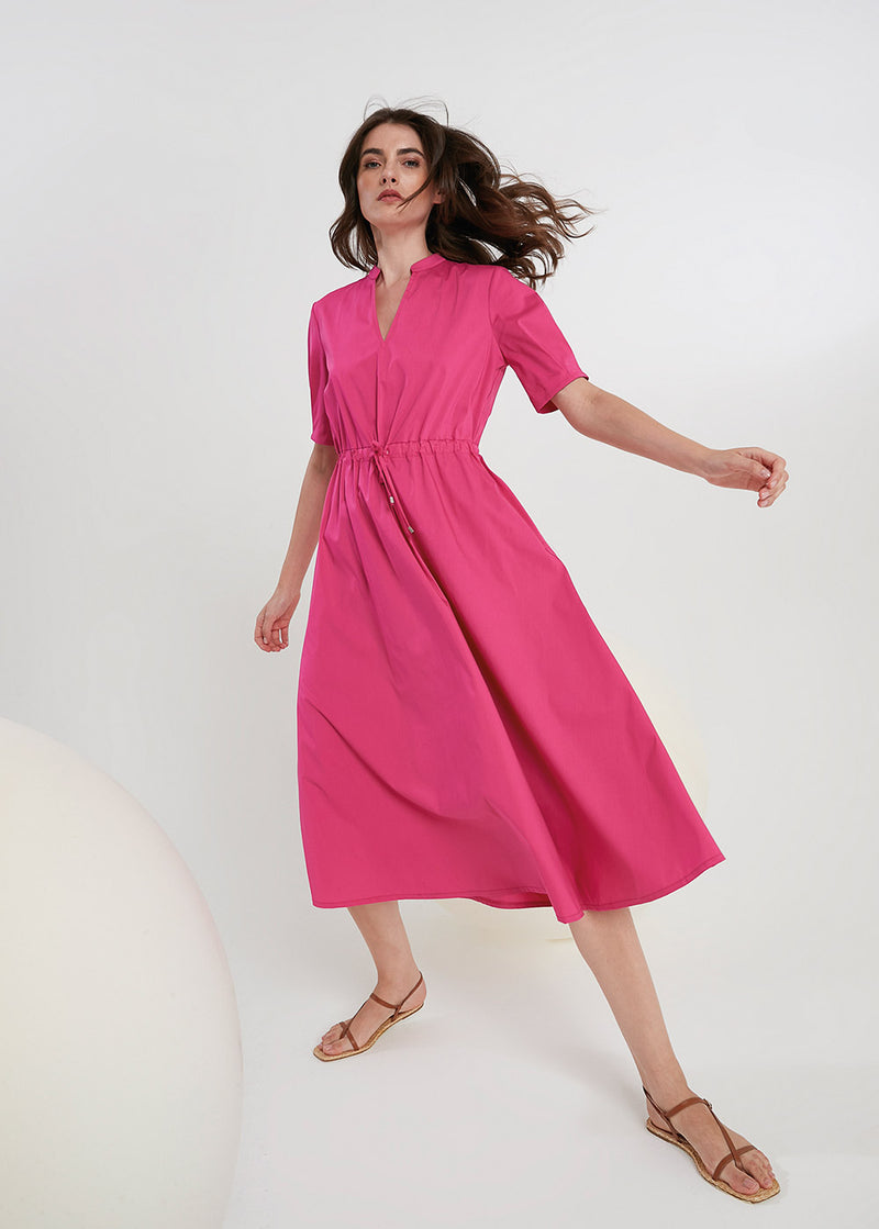 Short Sleeve V Neck Cotton Dress Hot Pink