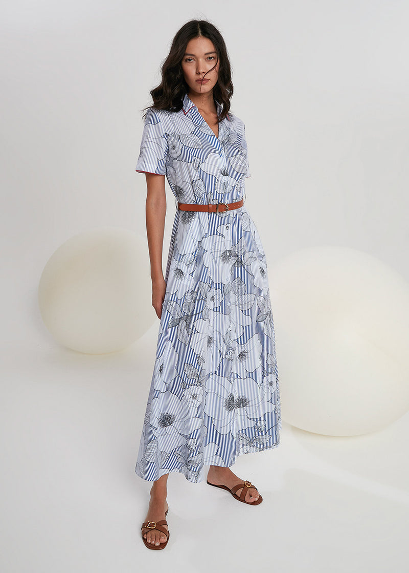 Purotatto Blue + Grey Floral Stripe Midi Shirt Dress Timeless Martha's Vineyard 