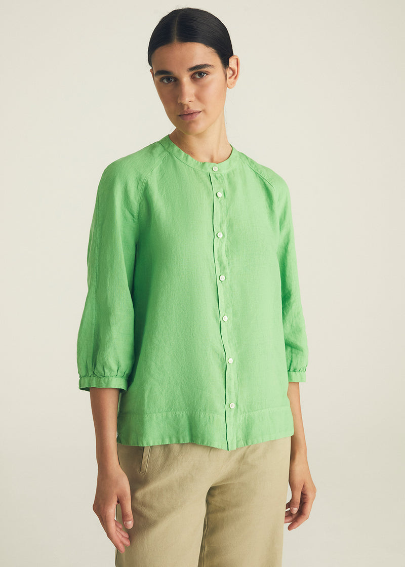 Linen 3/4 Raglan Sleeve Button Down Blouse - Blue