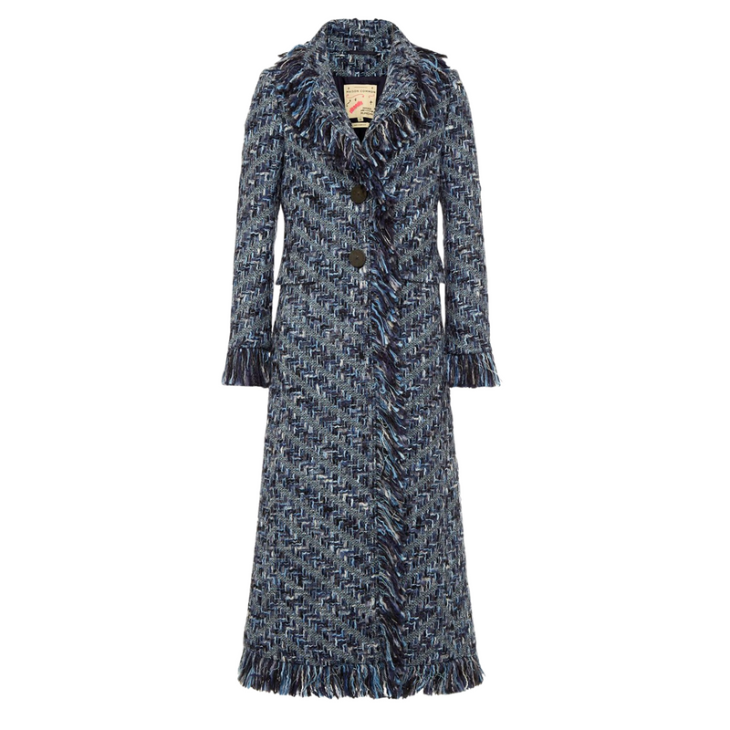 Maison Common Blue Long Tweed Coat with Fringe Timeless Martha's Vineyard 