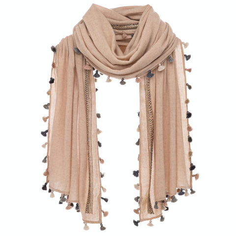 Embroidered Feather Scarf - Taupe - Timeless Martha's Vineyard
